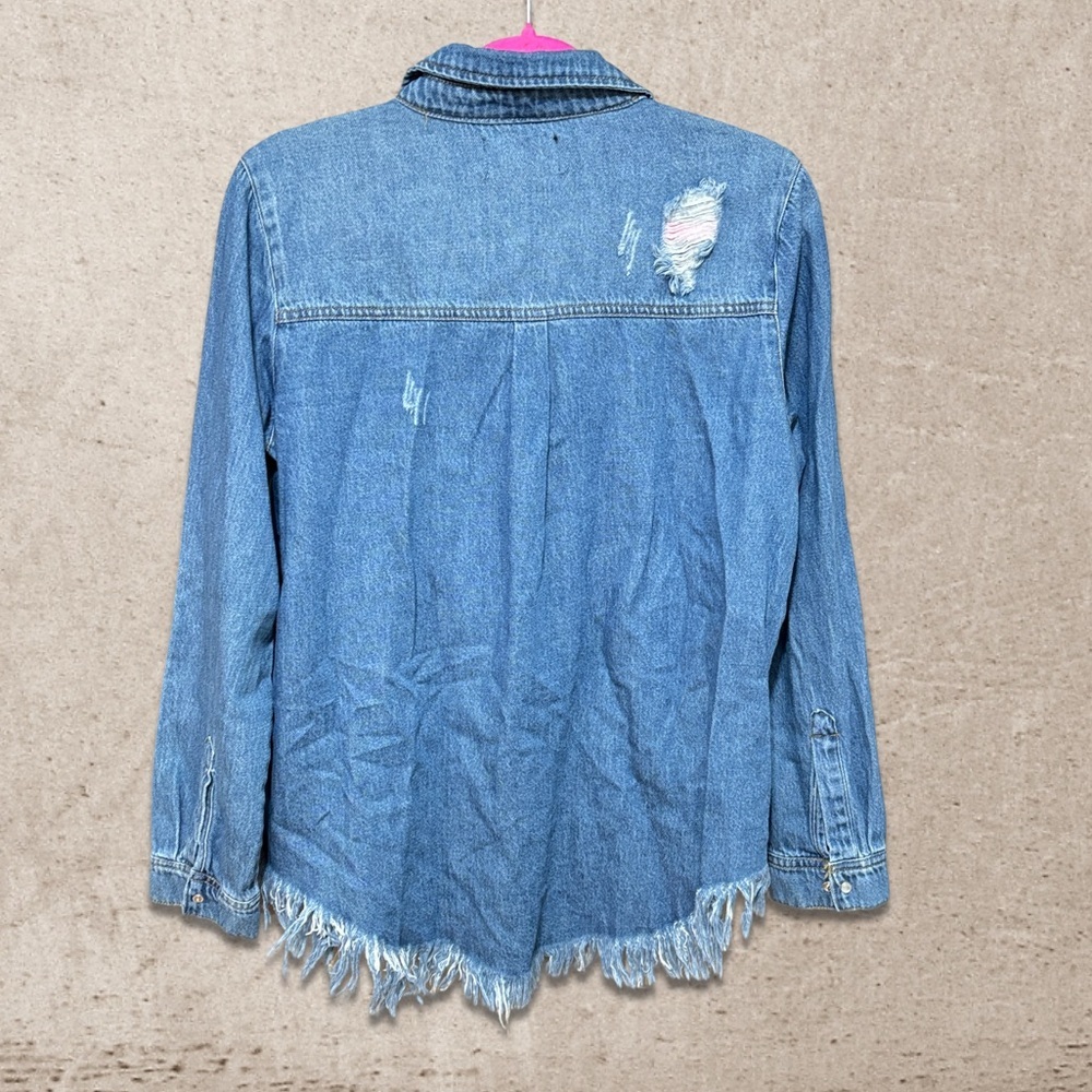 Risen Light Blue Distressed Denim Button-Down Shirt - Picture 2 of 5